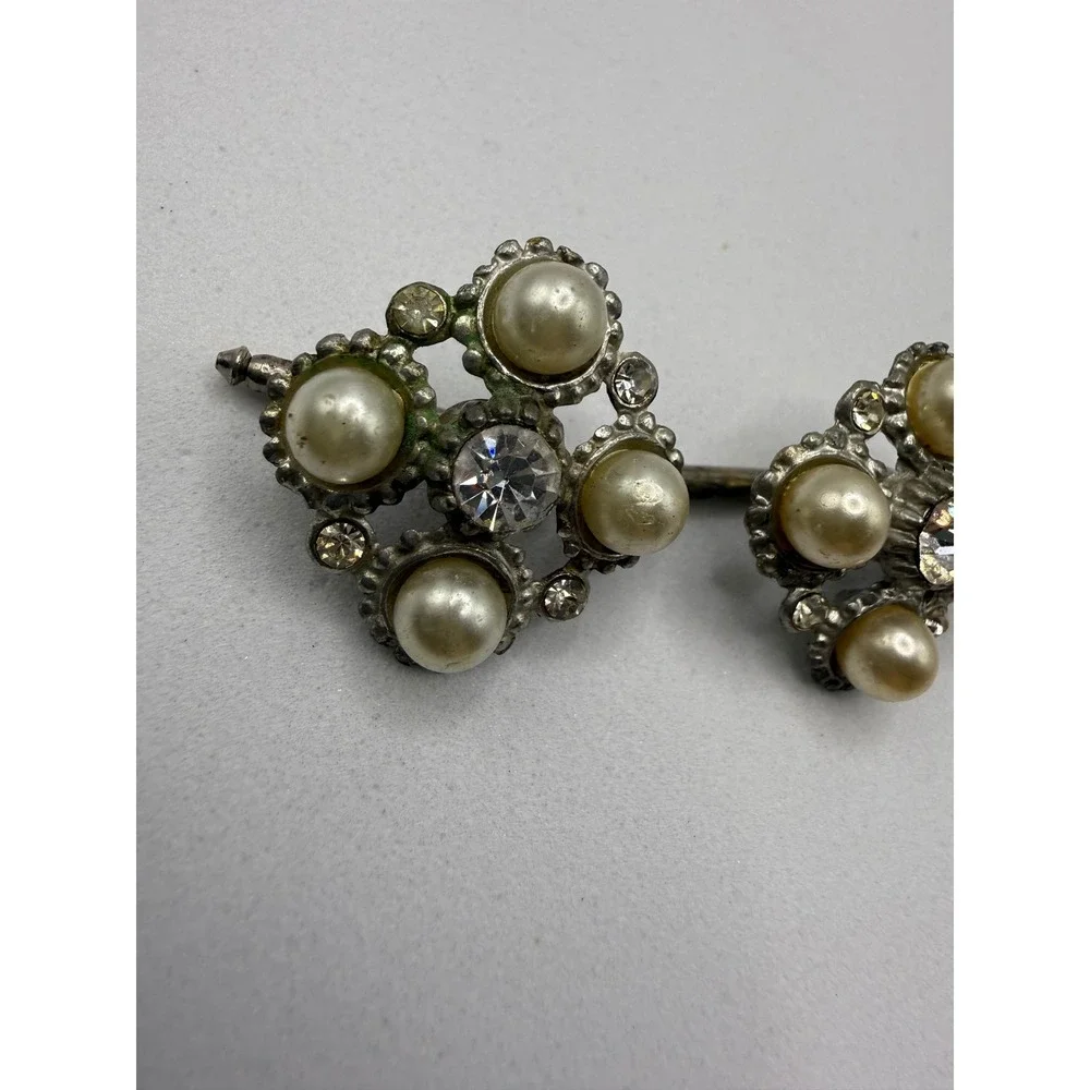 Vintage Faux Pearl Rhinestone Silver Tone Cufflinks Mid Century Formal Wedding